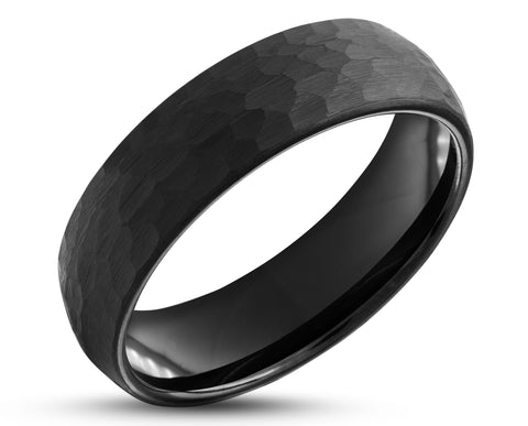 Black Tungsten Ring With Black Inlay - Hammered Finish | 6mm