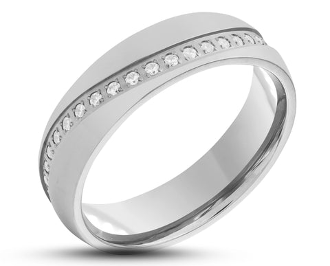 Silver Titanium Ring With Polished Finish - Cubic Zirconia Swirl | 6mm