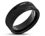 Black Titanium Ring With Horizontal Grooves - Brushed Stripe | 8mm