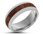 Silver Tungsten Ring With Koa Wood Stripe - Curved With Gloss Finish | 8mm