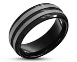 Black Tungsten Ring With Black Inlay - Dual Silver Brushed Stripes | 8mm