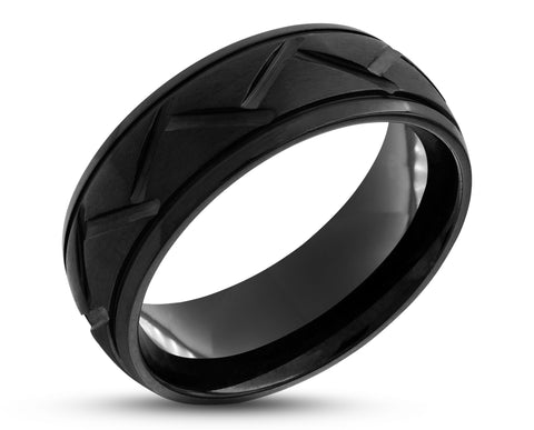 Black Titanium Ring With Diagonal Grooves - Brushed Stripe | 8mm