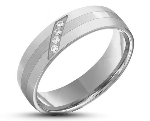 Silver Titanium Ring With Brushed Stripe - With Cubic Zirconias | 6mm