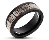 Black Tungsten Ring With Deer Antler - Hammered And Brushed | 8mm