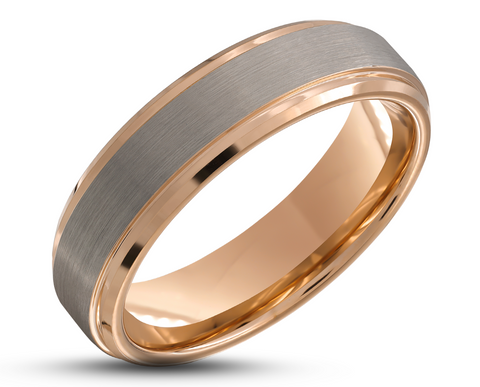 Silver Tungsten Ring With Rose Gold Inlay - Stepped Edges | 6mm