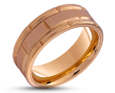 Rose Gold Titanium Ring With Horizontal Grooves - Brushed Stripe | 8mm