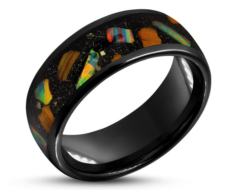 Black Tungsten Ring With Opal - Polished With Curved Finish | 8mm