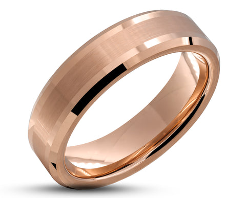 Rose Gold Tungsten Ring With Rose Gold Inlay - Bevelled Edges | 6mm
