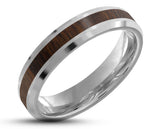 Silver Tungsten Ring With Koa Wood Stripe - Bevelled Edges | 4mm