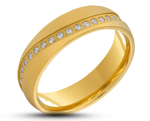 Gold Titanium Ring With Polished Finish - Cubic Zirconia Swirl | 6mm