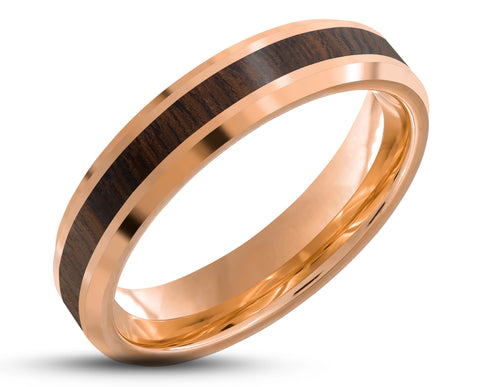 Rose Gold Tungsten Ring With Koa Wood Stripe - Bevelled Edges | 4mm