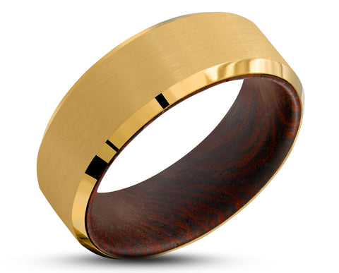 Gold Tungsten Ring With Koa Wood Inlay - Brushed Finish | 8mm