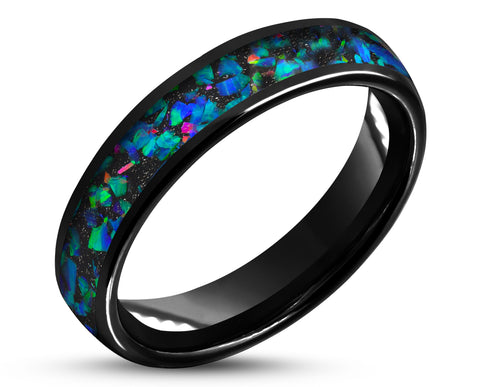 Black Tungsten Ring With Opal - Curved With Gloss Finish | 4mm