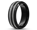 Black Tungsten Ring With Black Inlay - Dual Silver Brushed Stripes | 8mm