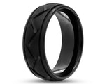 Black Titanium Ring With Diagonal Grooves - Brushed Stripe | 8mm