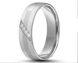 Silver Titanium Ring With Brushed Stripe - With Cubic Zirconias | 6mm