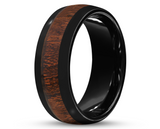 Black Tungsten Ring With Koa Wood Stripe - Curved With Gloss Finish | 8mm