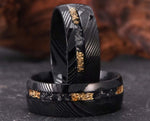 Black Damascus Ring – Curved With Gold Leaf | 8mm | MADE TO ORDER